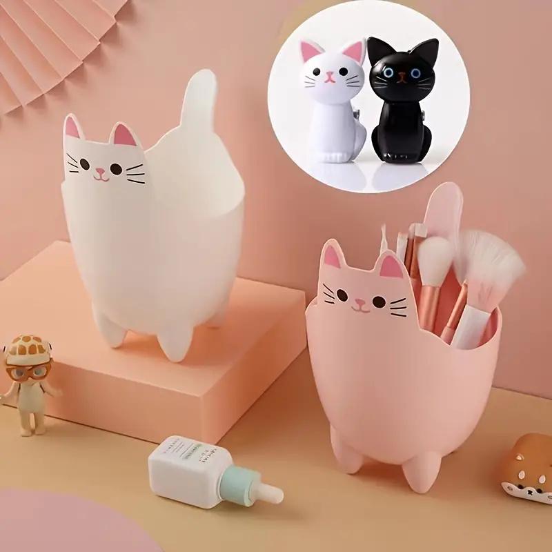 1pc, Cute Cartoon Cat Desktop Storage Bin, Mini Trash Can, Multi-functional Makeup Organizer, Modern Plastic Holder For Office A