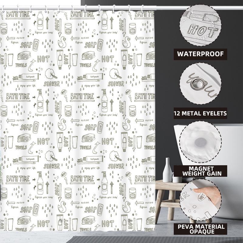 3D Printed PEVA Shower Curtain with Hooks – Thick, Waterproof, Mildew-Resistant Bathroom Partition
