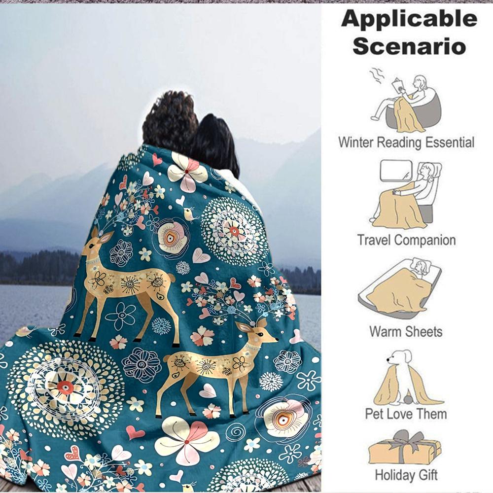 1pc Deer Floral Lightweight Flannel Blanket, Comfortable and Warm Blanket, for Office and Camping Sofa Bed, Livingroom108