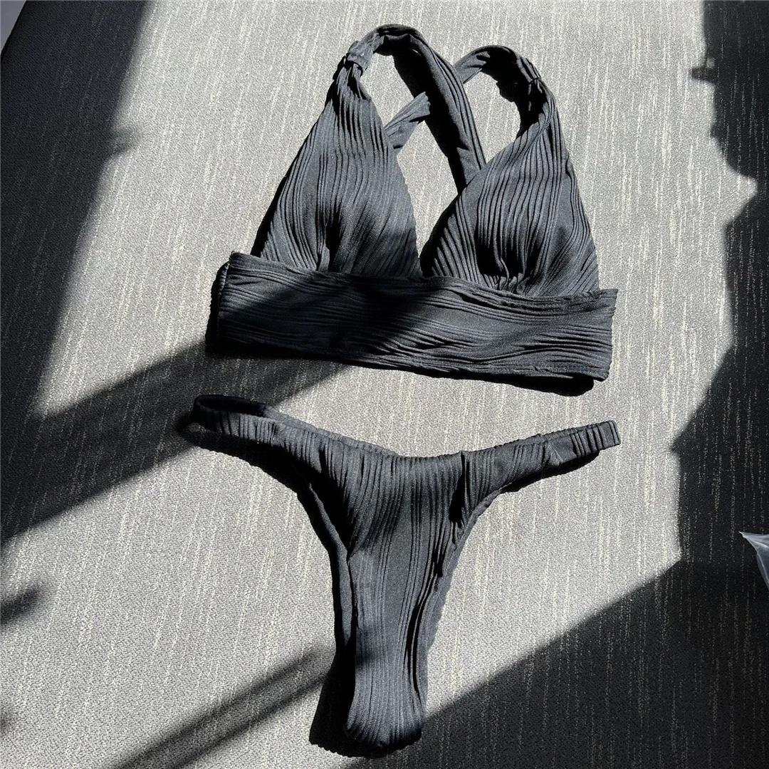 

Сексуальный морщинистый бикини с высоким вырезом и крест-накрест на спине, женский купальник, женский купальник, комплект из двух частей, купальный костюм, купальный костюм M чёрный