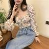 French Floral Square Collar Shirt Female Elegant Design Sense Niche Bubble Sleeve Slim Tops Vintage Pleated Spring Collarbone Blouse