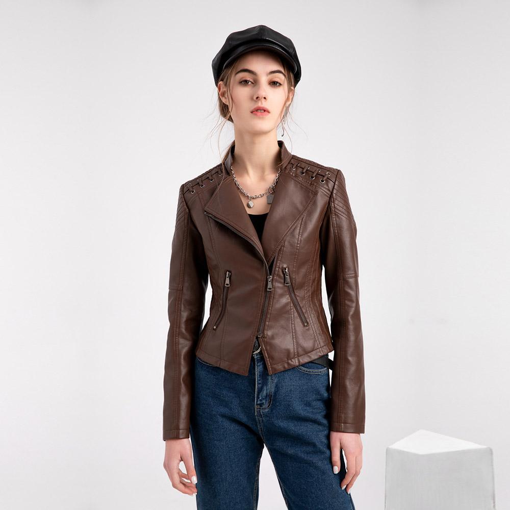 Women Autumn Winter Turn Down Collar Long Sleeve Slim Thin Zipper  PU Leather Motorcycle Jacket S-4XL