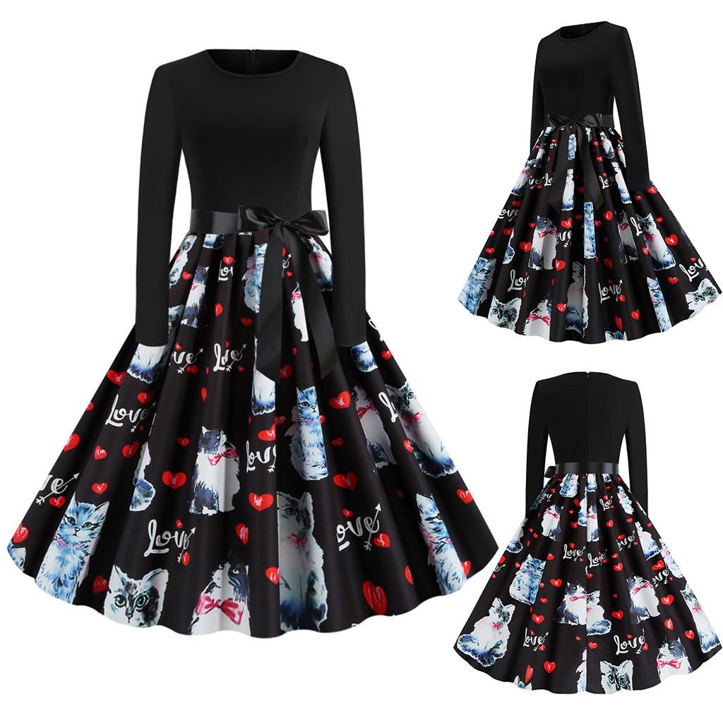 

Женское винтажное вечернее платье для выпускного вечера с длинным рукавом и принтом кошачьей любви ко Дню святого Валентина