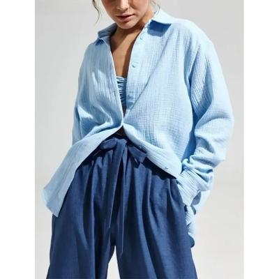 Women's Spring Summer 100% Cotton Shirts Office Lady  Fashionable Solid Lady Long Sleeve Loose Tops Crepe Shirts