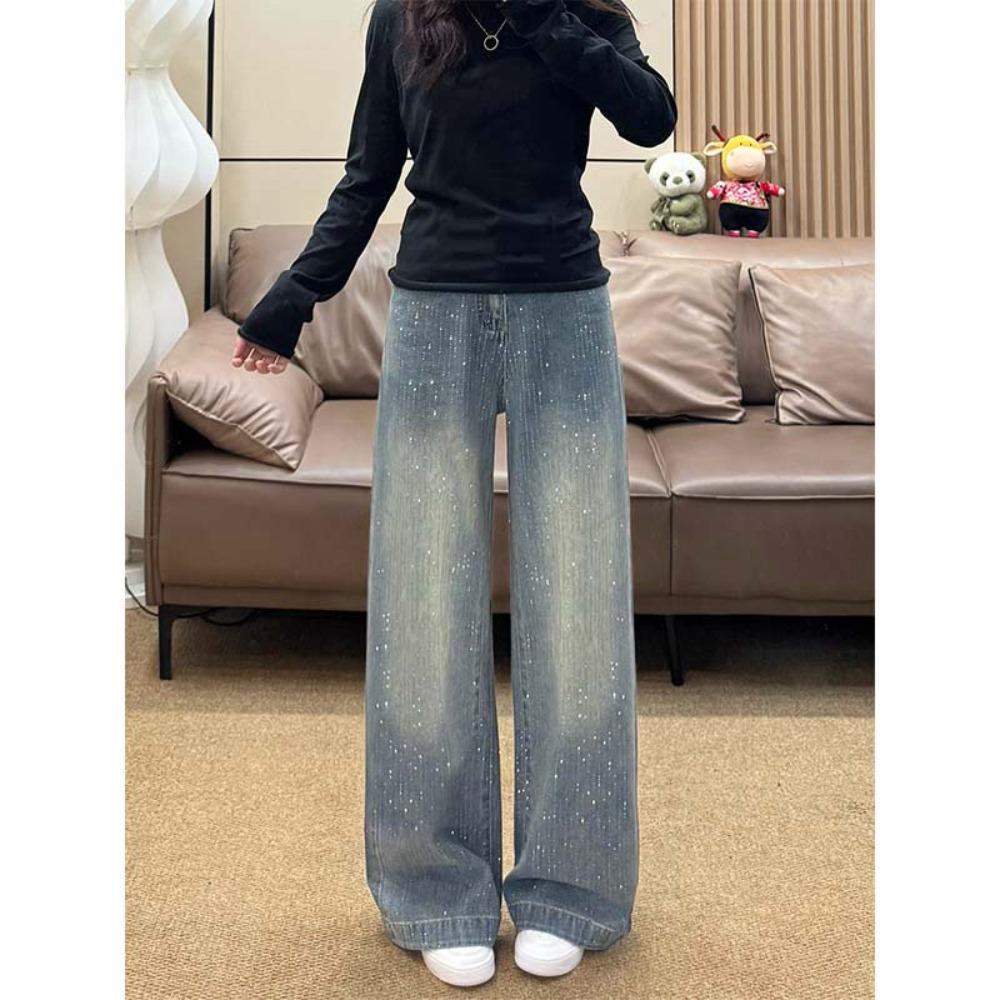 Women's High Waist Wide Leg Jeans Loose Fit Rhinestone Vintage Denim Trousers