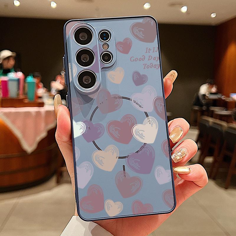 Magnetic For Magsafe Case For Samsung Galaxy S26 Ultra S25 Edge S24 Plus S23 FE S22 A54 A55 A56 5G Candy Color Love Hearts Pattern Matte Cover