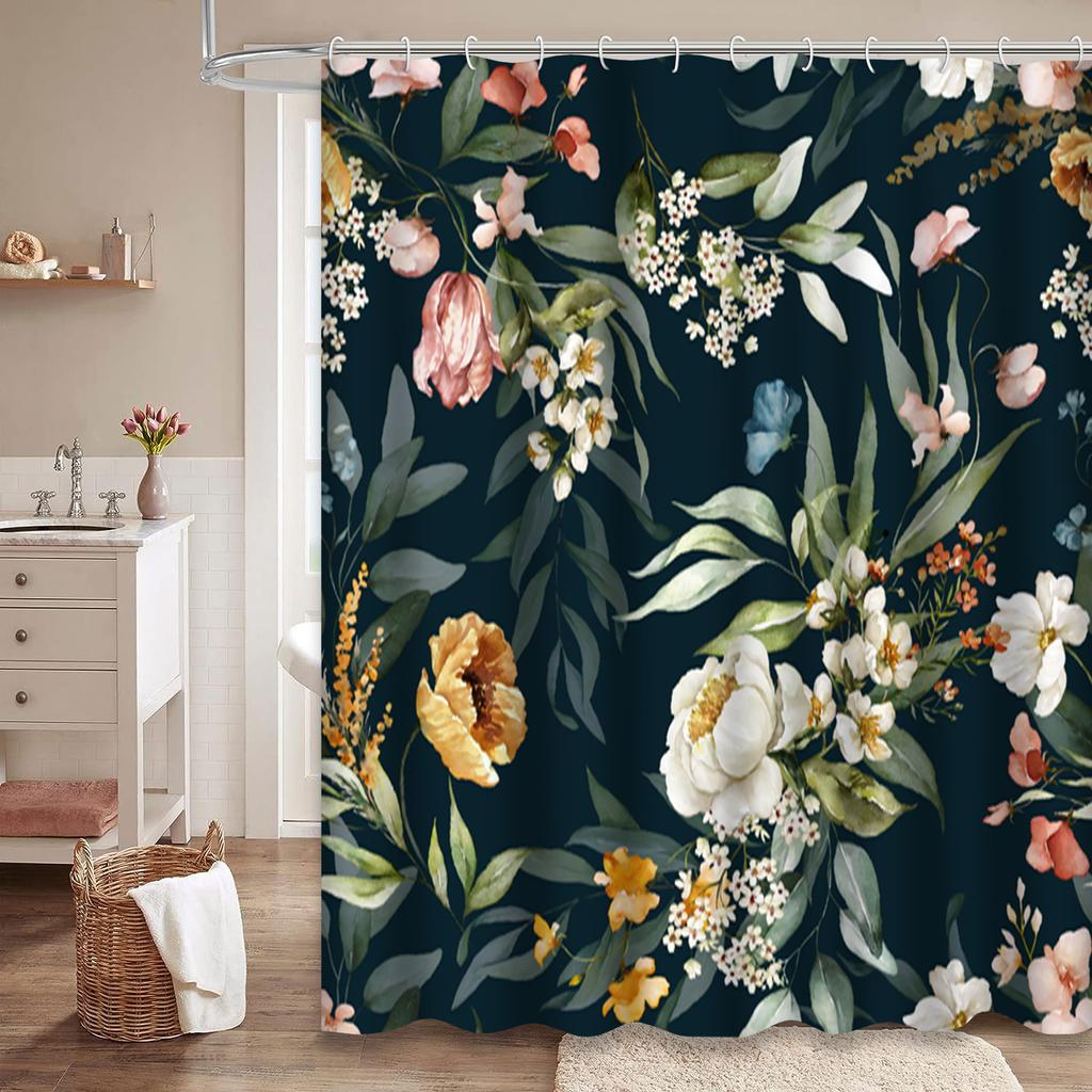 Elegant Midnight Floral Bath Curtain - Luxurious Flowers & Leaves, Waterproof Home Decor Adds Sophistication To Your Bathroom