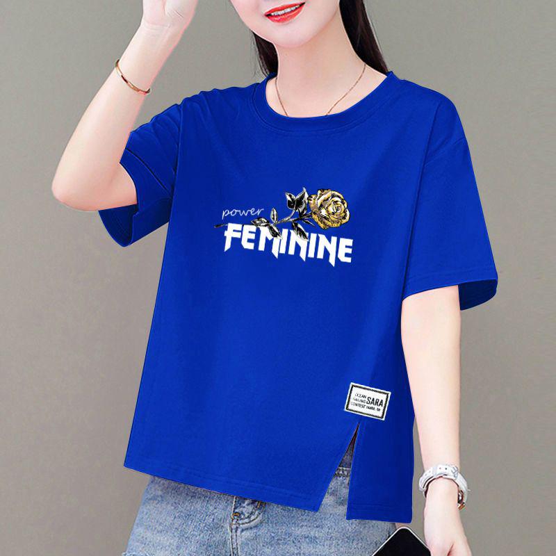 Korean Style Plus Size Loose Cotton Short-Sleeve Women's T-Shirt with Round Neck and Printed Design