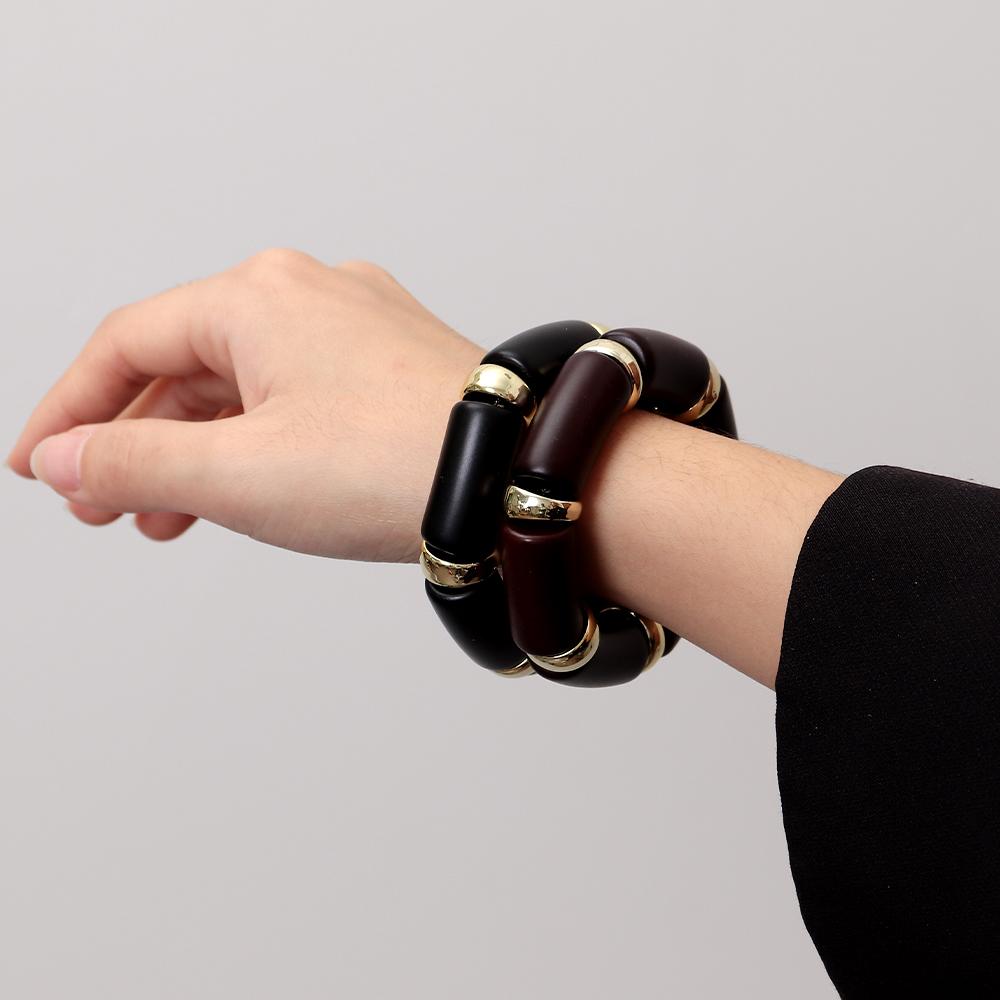 Vintage Acrylic Bamboo Tube Elastic Bracelets Bangles for Women Matte Black Resin Bend Pipe Beaded Bracelet Trendy Jewelry Gifts