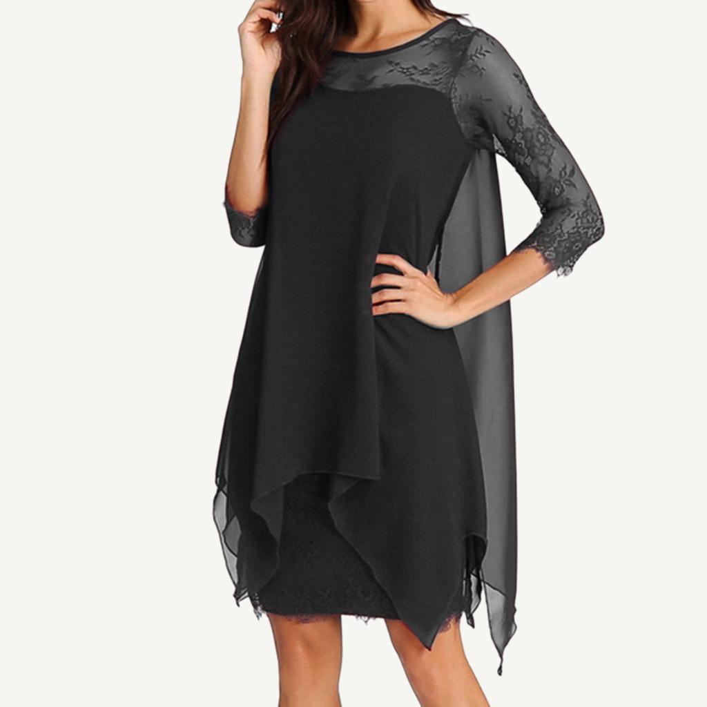 Femei Nouă Modă Suprapunere Șifon Mânecă Trei Sferturi Rochie Dantelă Oversize S-5XL