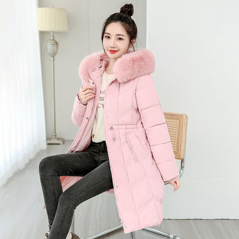 

Большой меховой воротник пуховая хлопковая одежда женская 2025 зимняя одежда новая утолщенная средней длины с поясом хлопковая куртка 3XL розовый