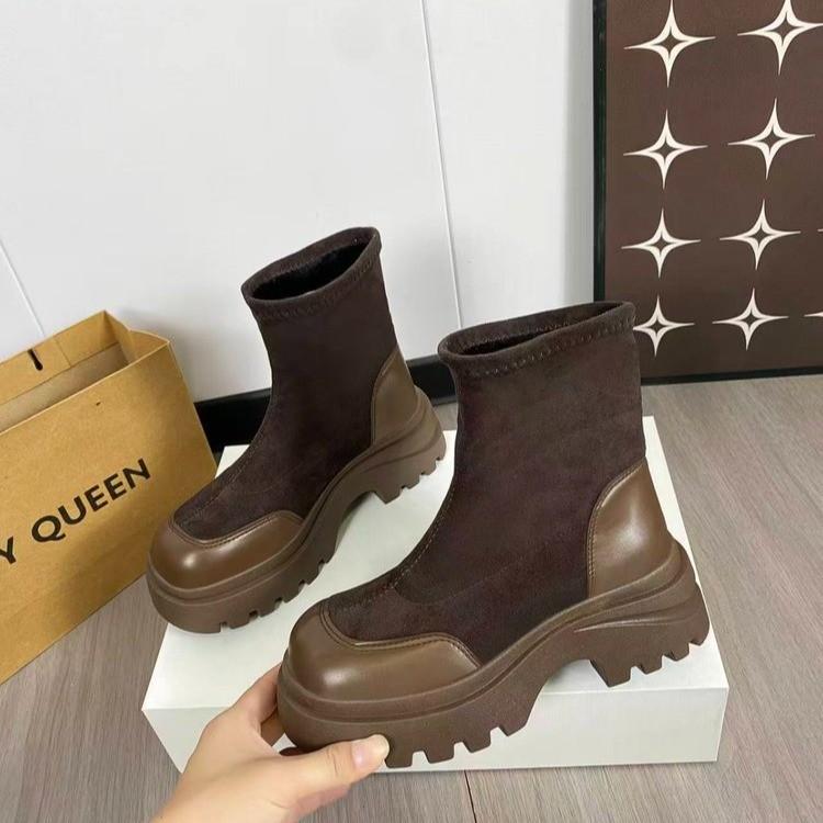 

Thick-soled small Martin boots women s 2025 new autumn and winter velvet British style heightening short tube thin elastic socks boots 40 коричневый
