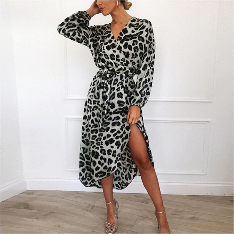 European and American Leopard Print V-neck Tie-up Sexy Dress