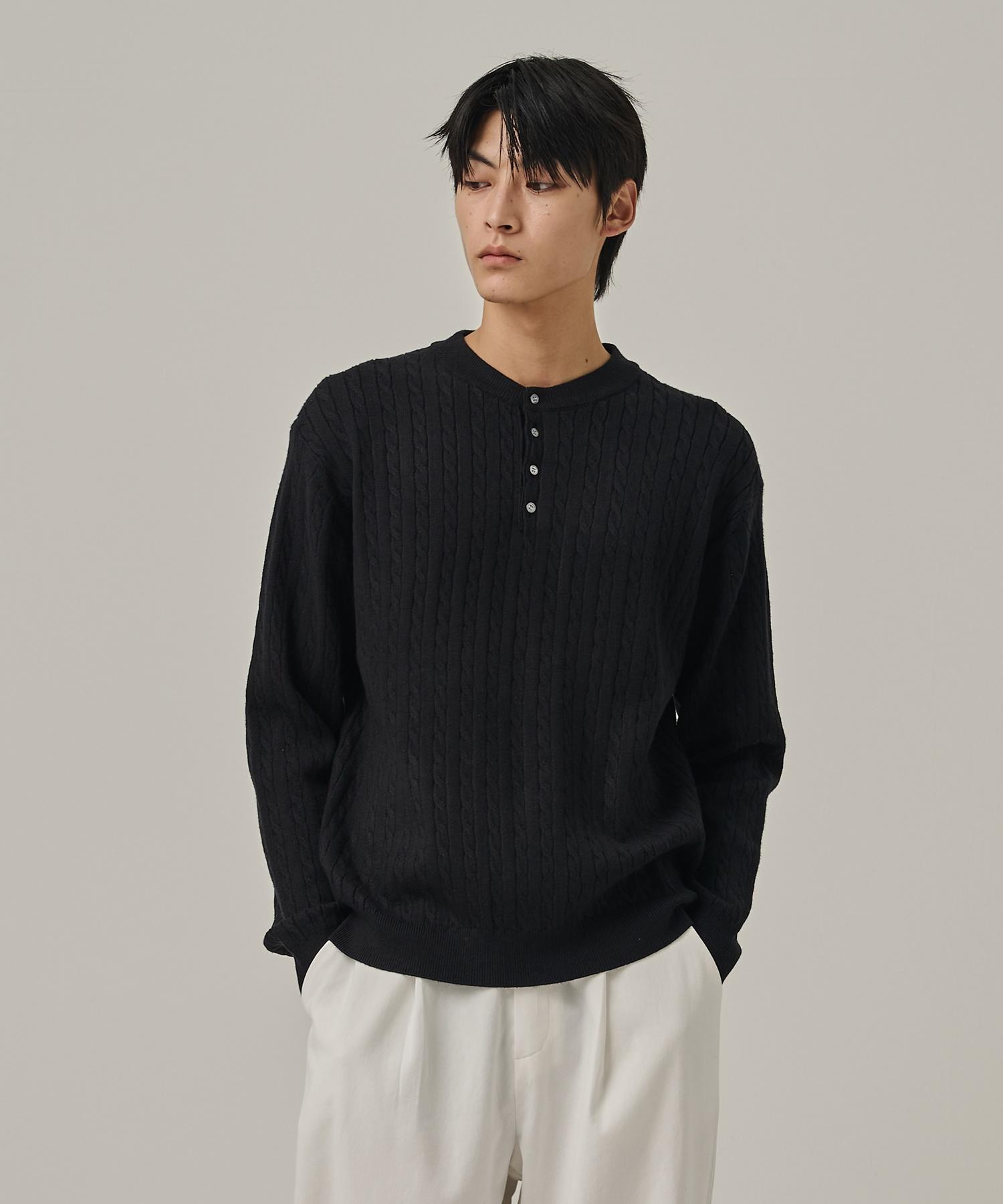 Analog Mood Washable Cable Henley Neck Knit T-Shirt (Black) Free