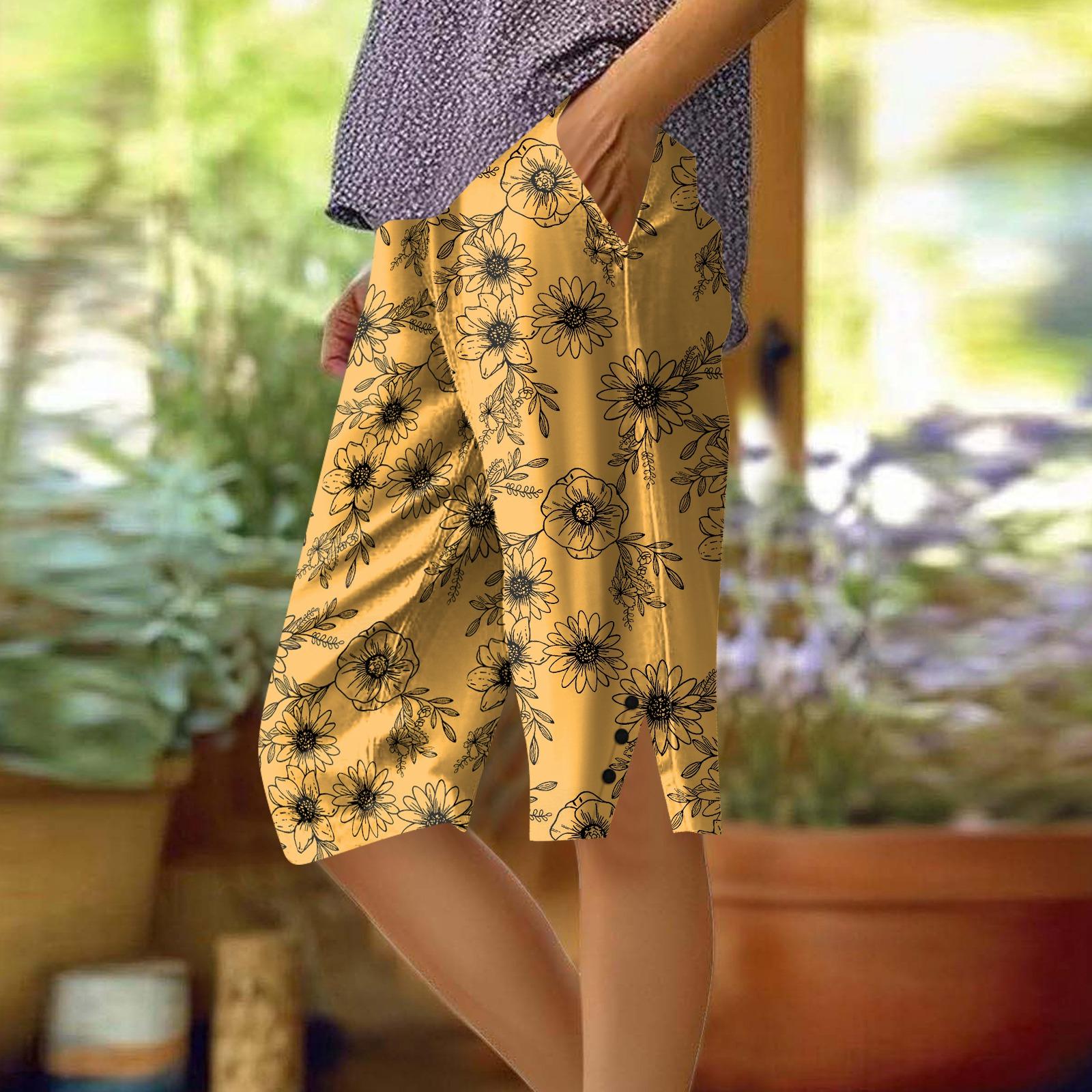 

Women s Printing Pants Fashionable Pocket Elastic Waist Casual Shorts XL жовтий
