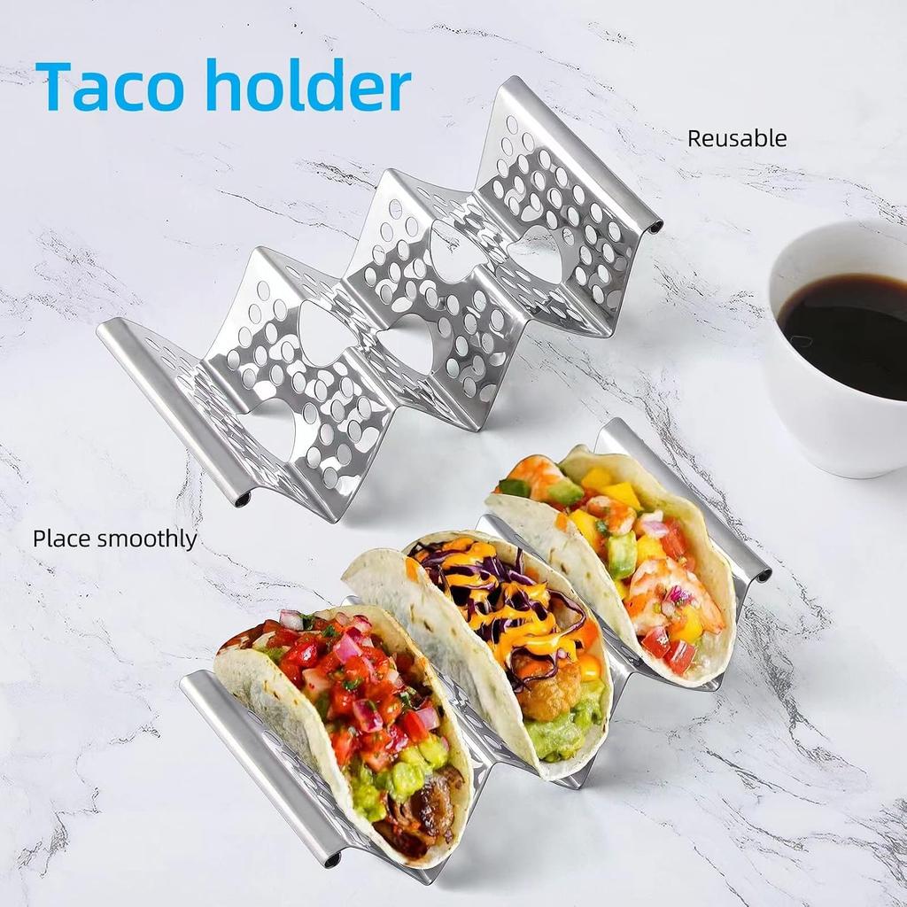 Taco Holders Set of 4, Taco Stand, Stainless Steel Taco Holder, Each Can Hold 3 Tortillas, with Easy-Access Handle, Fits Microwave, Air Fryer and Oven
