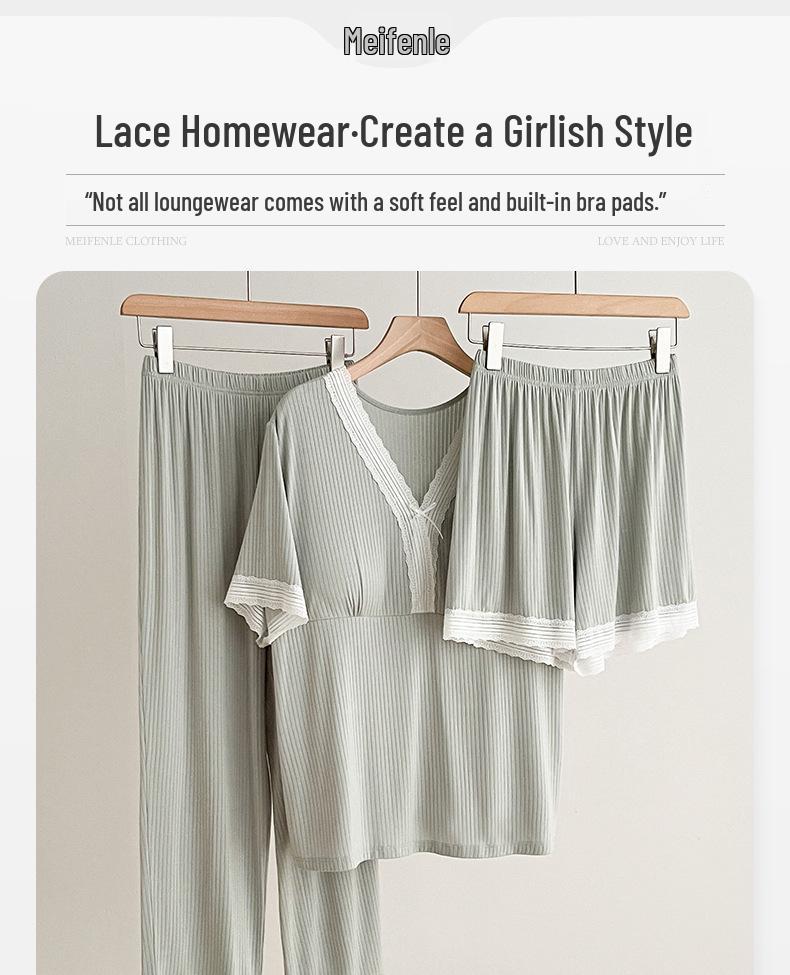 Women's Summer Pajama Set - Three-Piece Short-Sleeve Top, Long & Short Pants with Chest Pads, Lace Design, Wear Indoors or Out.