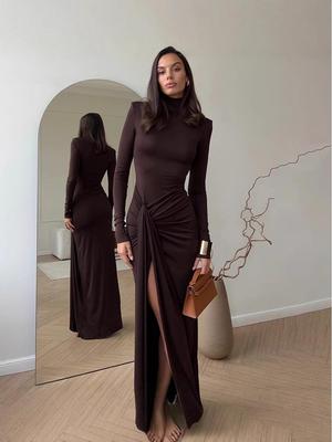 European Autumn/Winter High Neck Slim Fit Dress with Tie-up Waist and Long Sleeves for Women