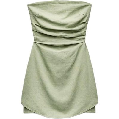 Salopetă de damă cu decolteu drept și umeri goi, cu detaliu papion, kaki deschis 8009709-506