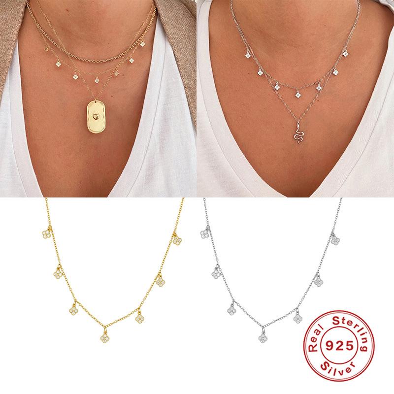 S925 Sterling Silver Four-Leaf Clover Diamond-Encrusted Small Accessories Stacked Collarbone Chain Necklace Women