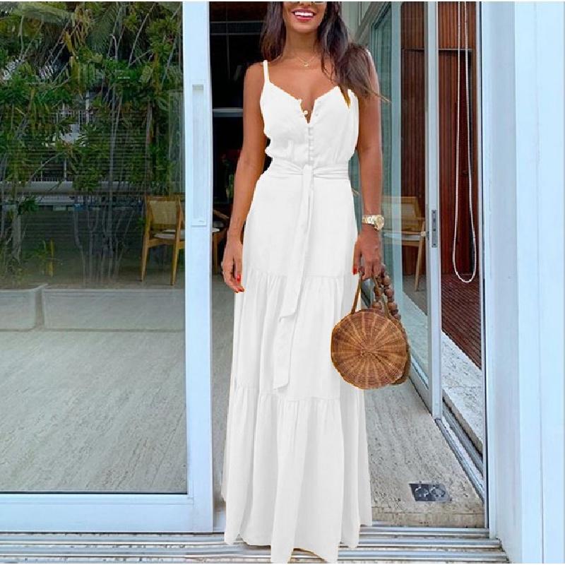 2026 Summer New Women s Fashion Personalized Button Long Dress V-Neck Spliced Strap Dress S белый