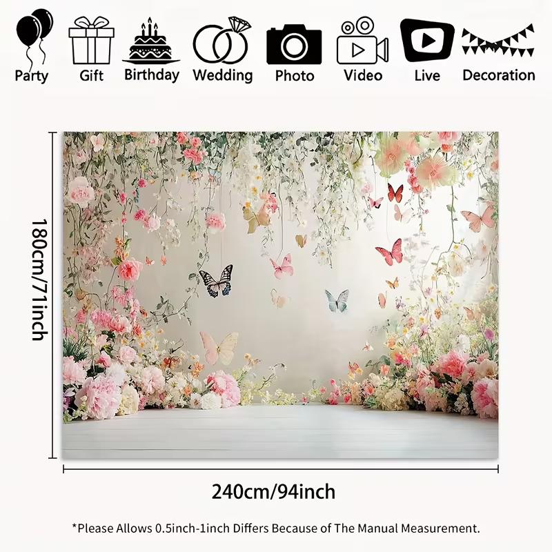 2D Pastel Floral Backdrop, Delicate Hanging Flowers and Colorful Butterflies