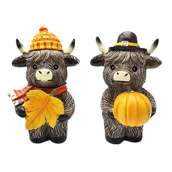 2 Pcs Highland Cow Figurine Autumn Pumpkin Maple Highland Cow Statue Resin Scottish