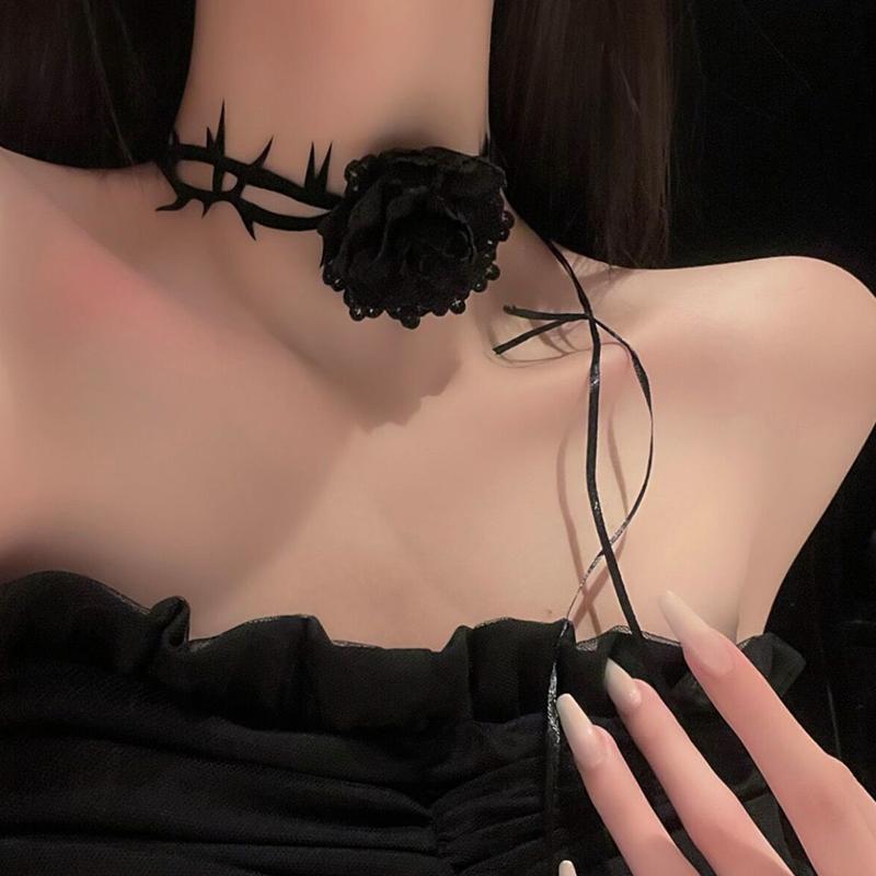 Gothic Thorny Red Rose Choker Necklace Retro Flower Adjustable Rope Collar Necklace For Halloween Cosplay Party Accessories
