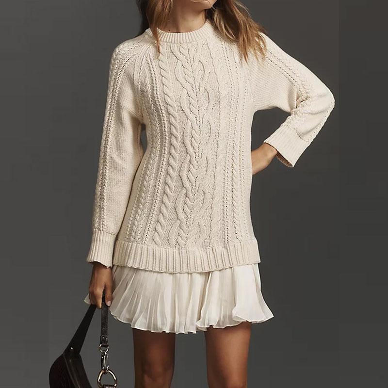 Winter Long Sleeve Twist Knitted Sweater Dress Woman O Neck Ruffle Chiffon Pleated Dresses Fall Solid Warm A-Line Pullover Dress