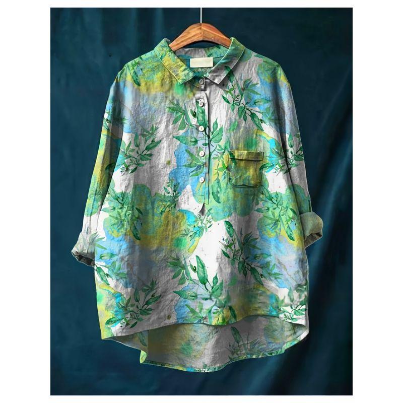 European Retro Artistic Hong Kong Style Plus Size Women's Clothing Turn-down Collar with Leaves Print Loose Mid-Length Casual Long Sleeve Shirt Top