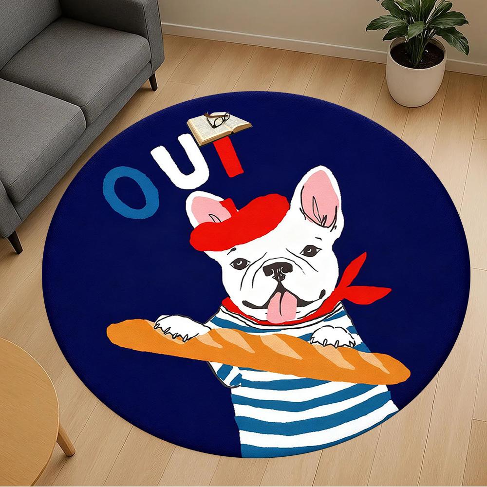 

1pc French Bulldog Baguette Round Chair mat office Area Rug - Non-Slip, Floor Mat for Office, Bedroom, Ideal home decor gift p0105098 80cm