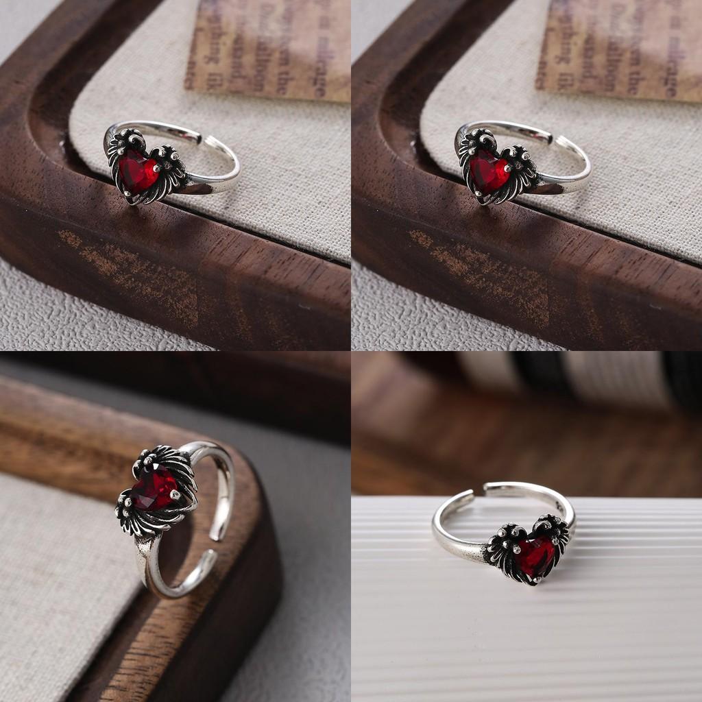Trendy Vintage Wing Heart Copper Ring With Red Zircon For Women Fashionable Summer Accessory