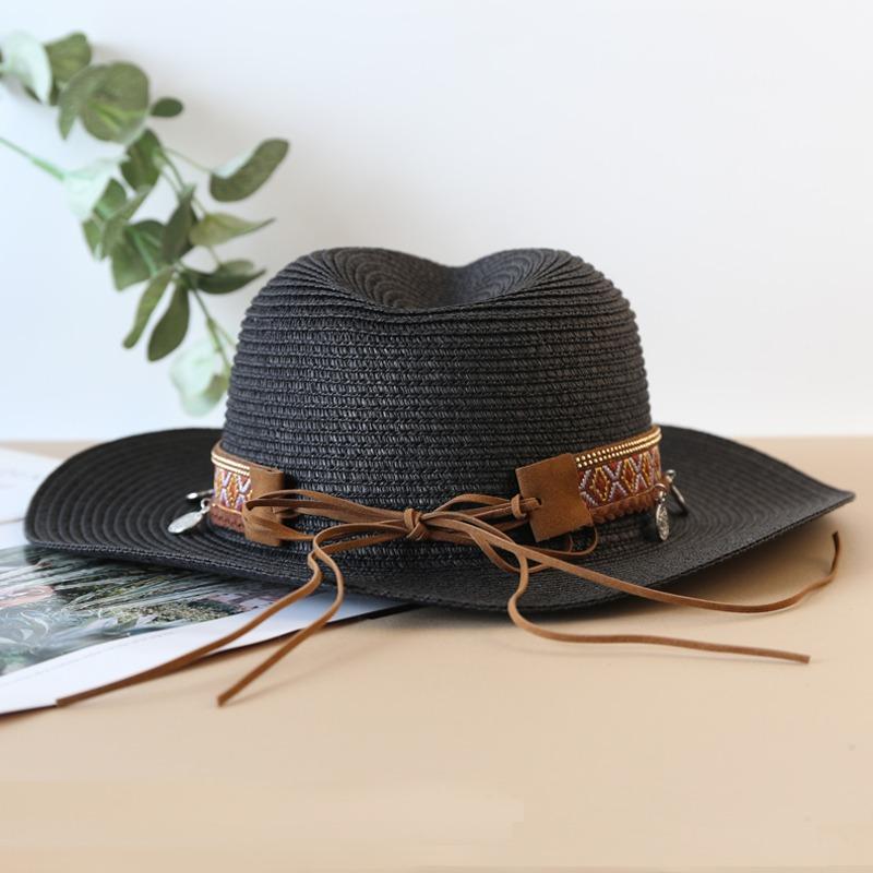 New Fashion Bohemia Style Vacation Straw Hat Women Beach Grassland Travel Retro Cowboy Sun Hat Women'S Wide Brim Panama