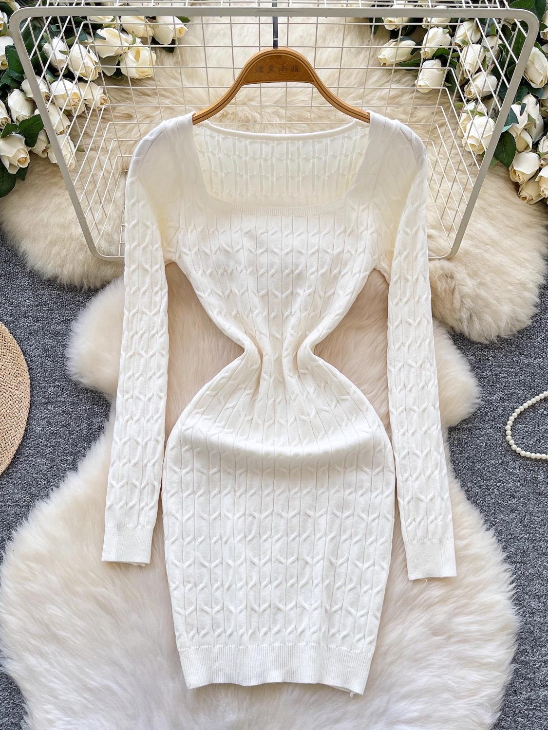 

Pure Desire Elegant Square Neck Cable Knit Dress - Women s Autumn Winter Stretch Waist Sweater Mini Dress S