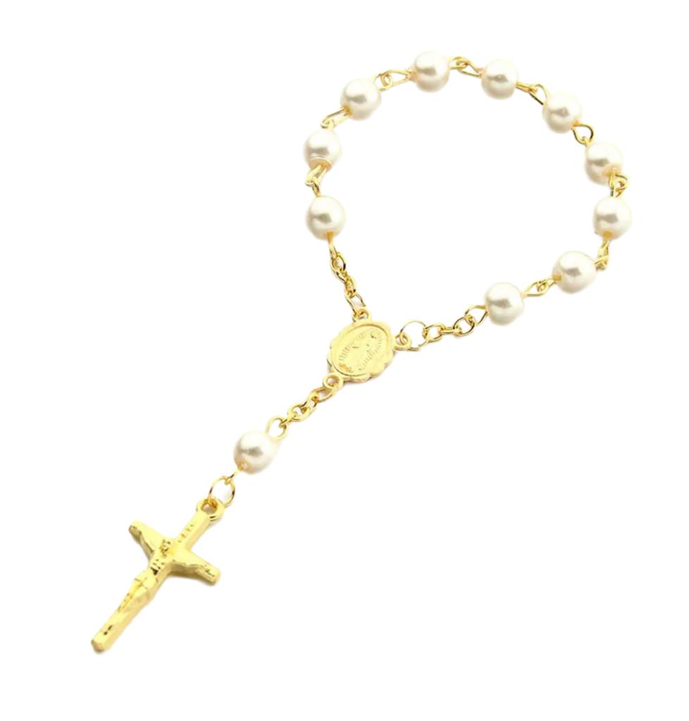 Handcrafted Christian Rosary Bracelet Rose Flower Beads Bracelet Cross Pendant Prayer Gift for Women Christening Favors