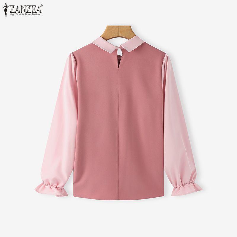 ZANZEA Bluză casual de damă cu guler păpușă, mâneci 3/4 largi, patchwork