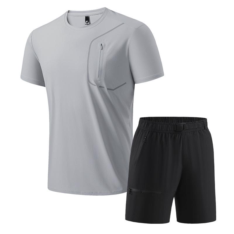 

Мужской летний комплект спортивной одежды из ледяного шелка, состоящий из двух частей - дышащая эластичная футболка и шорты 5XL серый