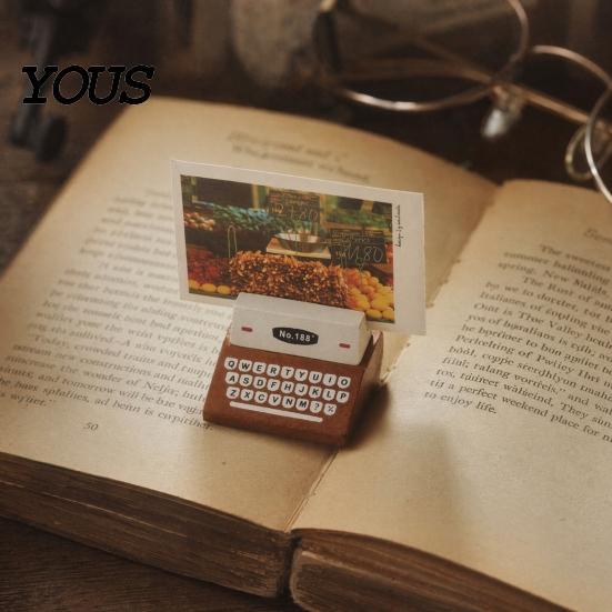 Place Card Holder Retro Wooden Typewriter Memo Clip, Vintage Desk Holder, Rustic Office Decor Decorative Message Photo Picture Stand for Home