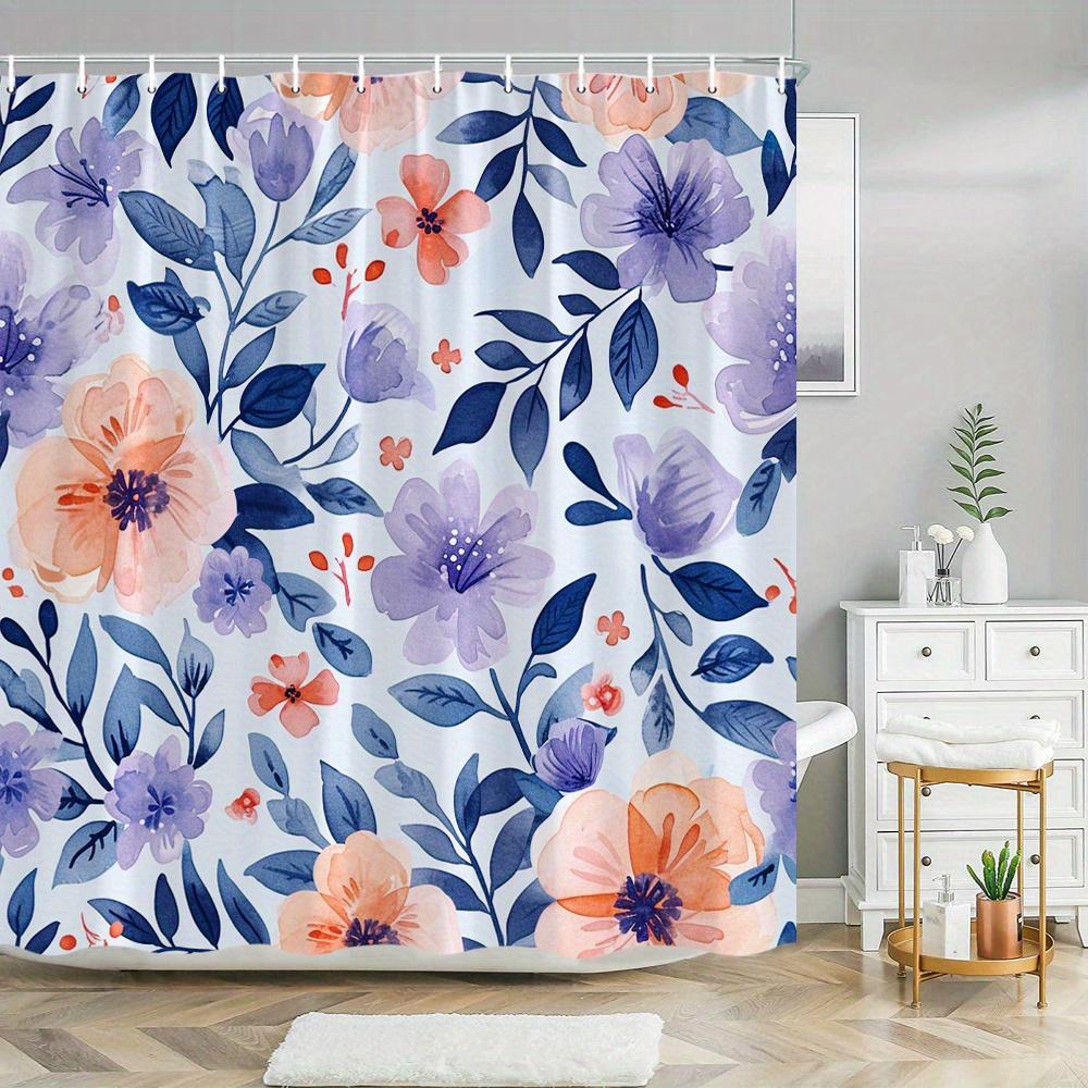 

1 Watercolor Floral Garden Shower Curtain - Lavender flowers and dark blue leaves, Polyester fabric, Machine washable 90X180cm