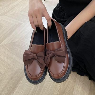 Fashion Style Small Leather Shoes Women 2024 Spring and Autumn New Style Tie-in Flat Solid Color Bow Shoes a Foot Foot Loafers Woman