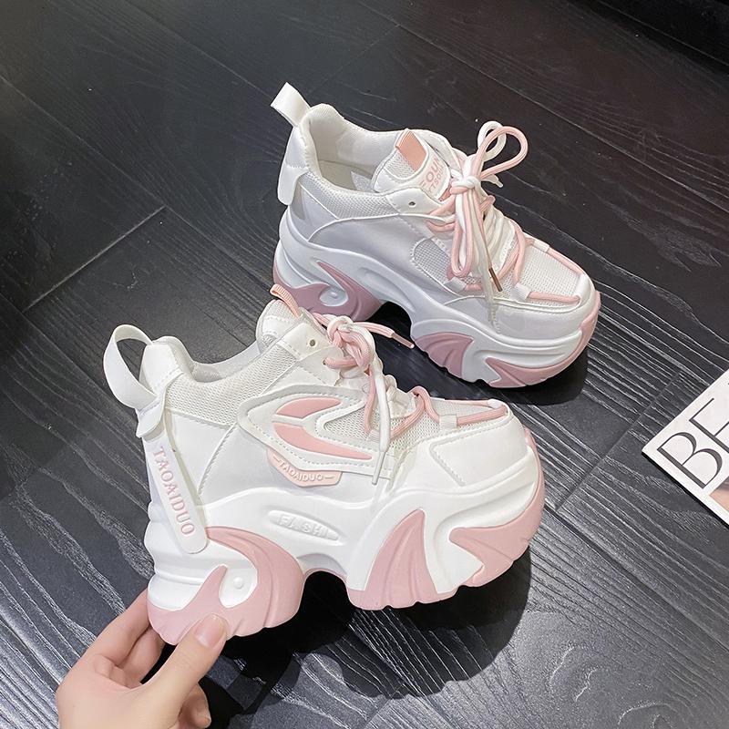 Fashion Spring Autumn Women Chunky Sneakers 10CM Hidden Heels Leather Casual Shoes Woman Crystal High Platform Ladies Sports Dad Shoes