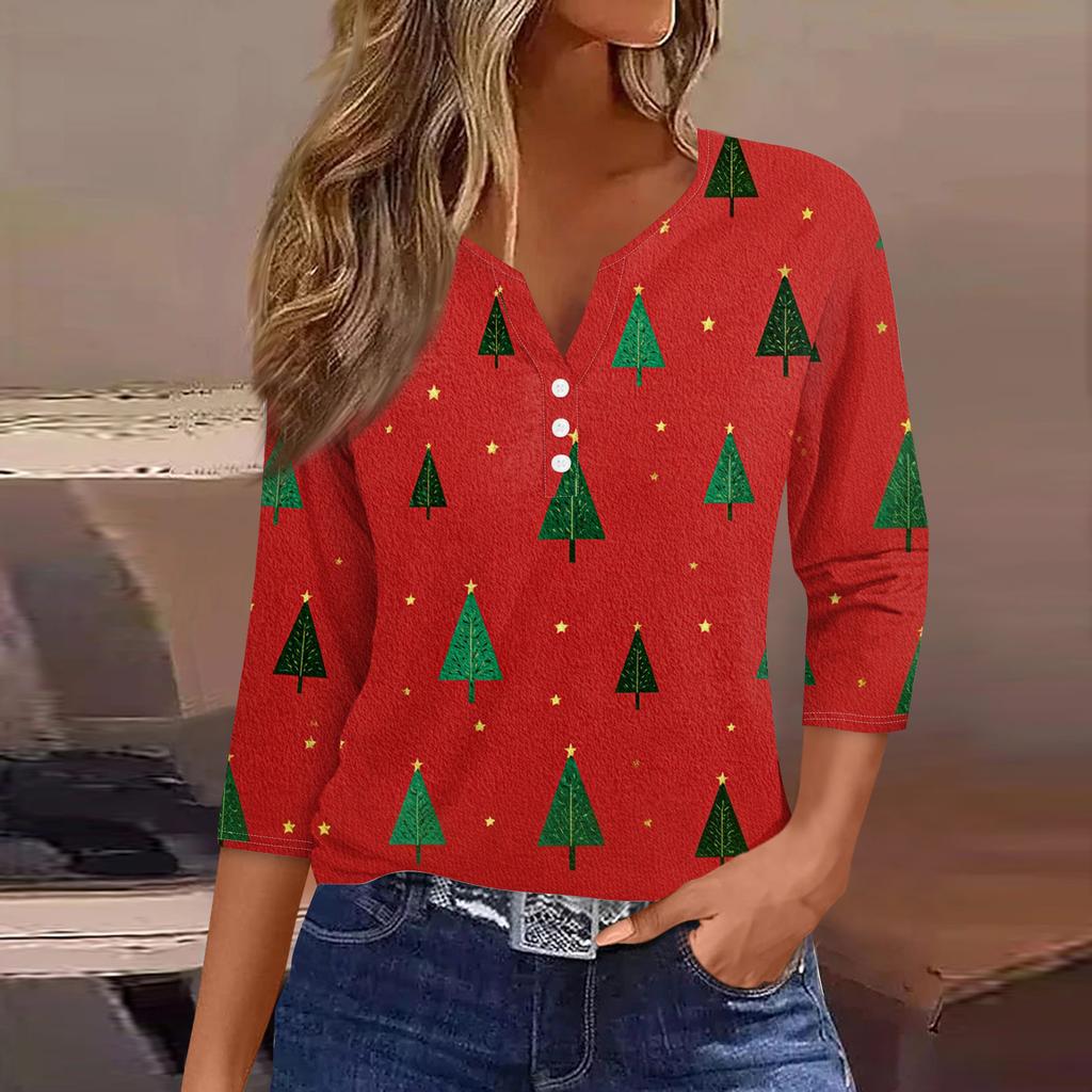 Damenmode Lässig Halloween Bedruckt V-Ausschnitt Kurzarm Zierknopf Dreiviertelarm T-Shirt Top