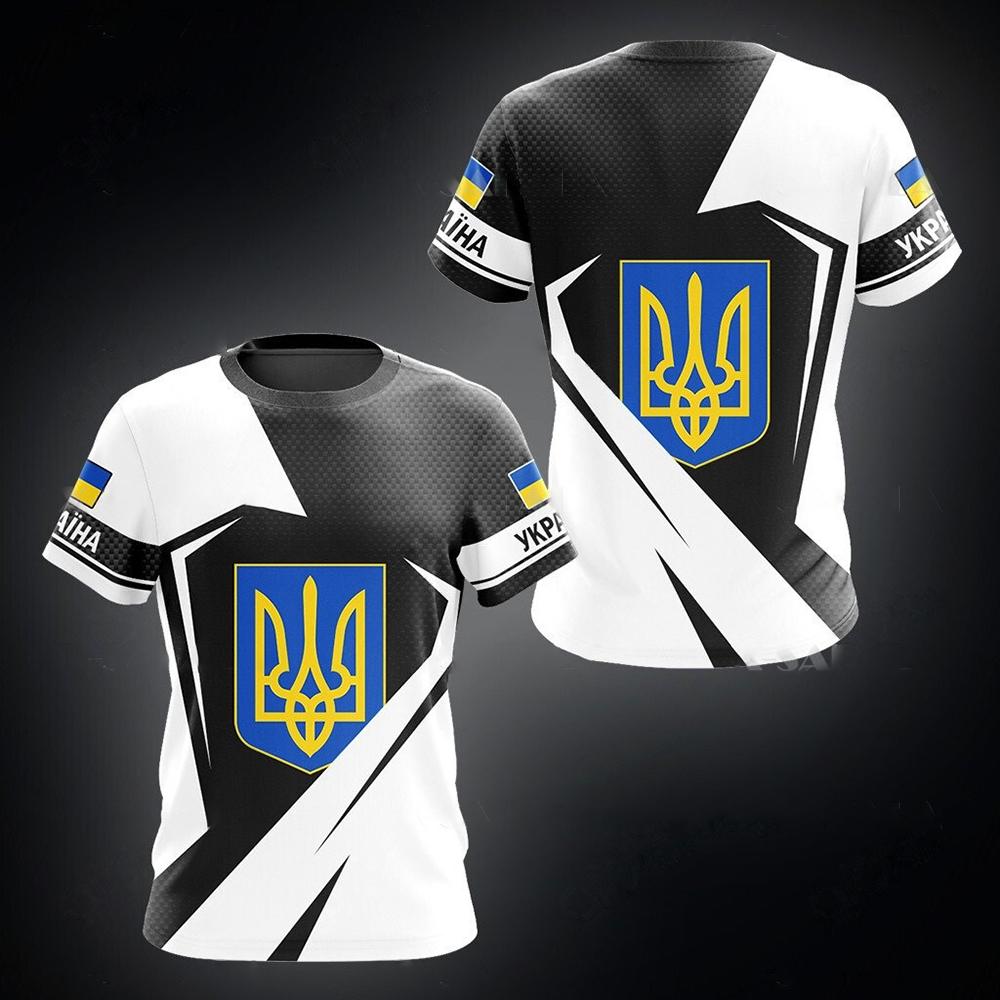 ETST 011 UKRAINE Heren T-shirt Zomer Korte Mouw Oekra&iuml;ne Nationaal Embleem Vlag Print Mode Ronde Hals Pullover Shirt Herenkleding 2XL