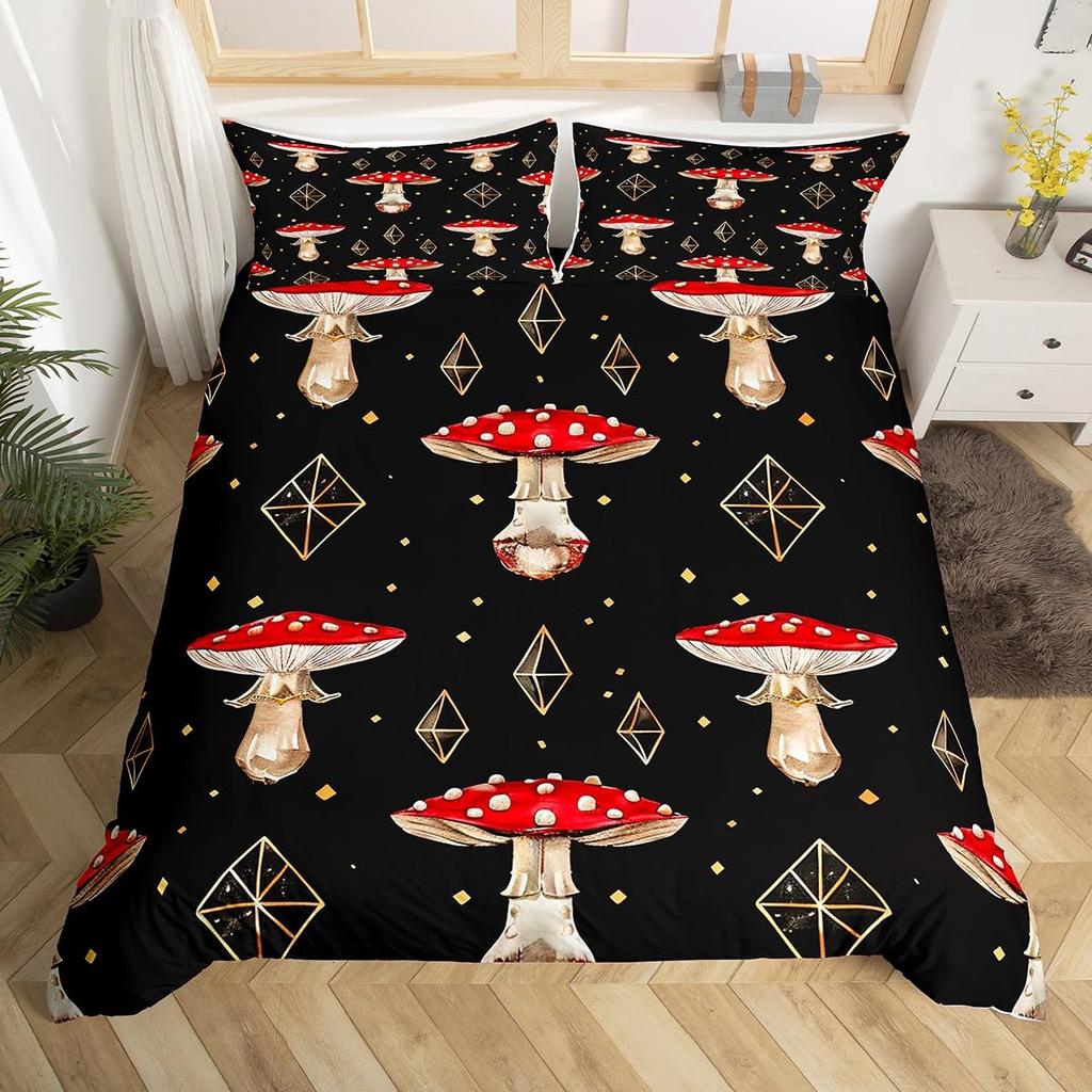 Comforter Wild Mushroom Bedding Set King Queen Cute Mushrooms Comforter Kawaii Fungus Cartoon Plant Leaves