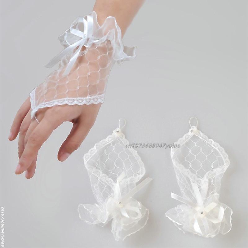Gothic Short Black Gloves Female Harajuku Lace Bridal Wedding Halloween Lolita Dress Net Gauze Bow Hand Sleeve Fishnet Gloves
