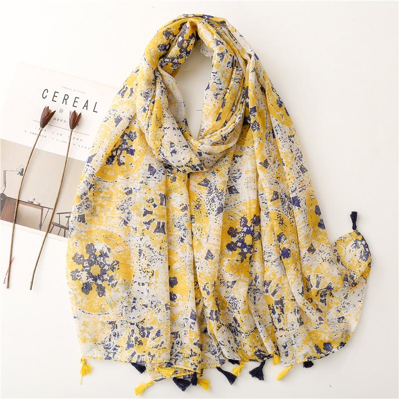 Bali Yarn Cotton-Linen Scarf: Fresh Solid Color, Fruit Green & Bright Yellow Leaf Print with Tassel Detail