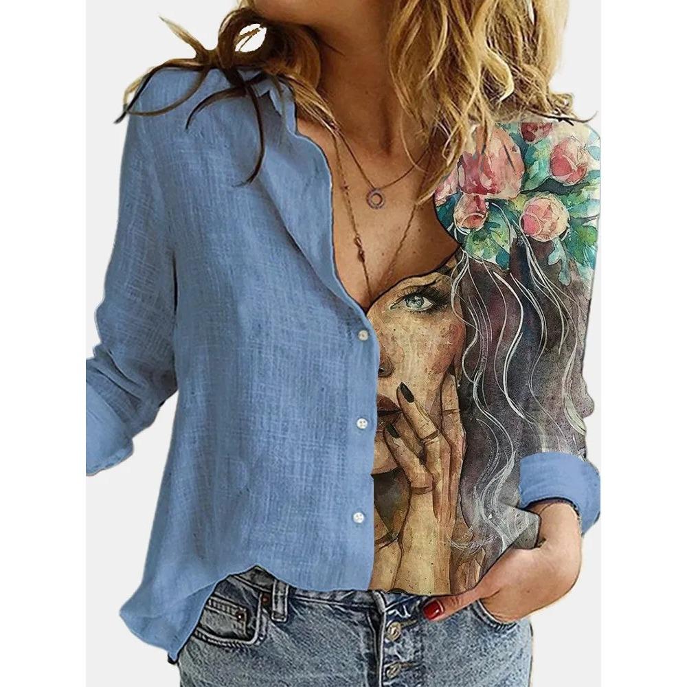 Fashion Stitching Retro Face Print Long Sleeve Blouse Women Lapel Button Casual Top Lady Shirts