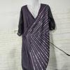 Women Casual Dress V-Neck Short Sleeve Waist Tight Knee-Length Dress Sequin Decoration Solid Color Dress