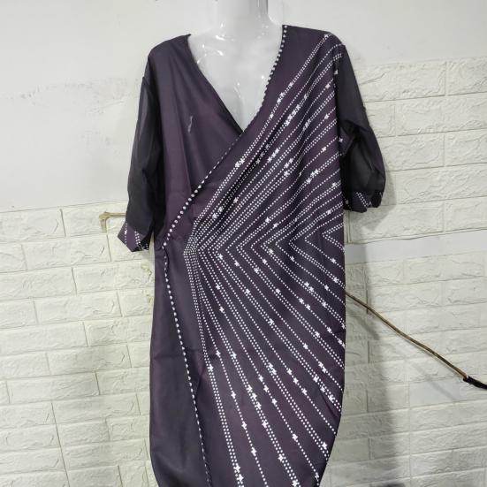 Women Casual Dress V-Neck Short Sleeve Waist Tight Knee-Length Dress Sequin Decoration Solid Color Dress