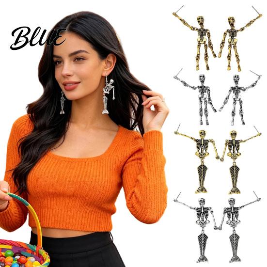Long Draped Skull Earrings 1 Pair Gothic Skeleton for Women Spooky Articulated Dangle Jewelry Punk Halloween Party Costume Accessories Niche